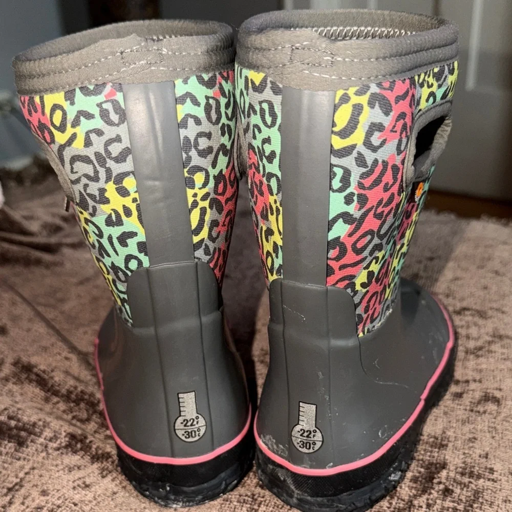 Bogs Gray Kids Rain Boots with Leopard Print
